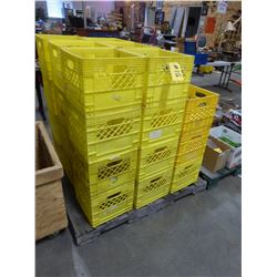 APPROX. 32 YELLOW MILK CRATES (ALL FOR ONE MONEY)