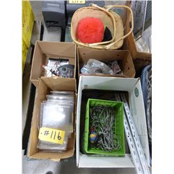 4 BOXES WITH TOYS, SHELF BRACKETS, BASKETS, PLASTIC DISPLAYS, ETC
