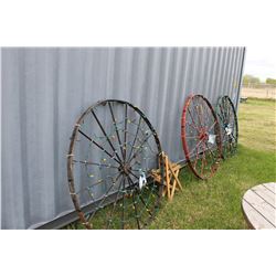3 STEEL WAGON WHEELS C/W CHRISTMAS LIGHTS