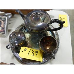 SILVER TEAPOT, CREAMER, SUGAR & TRAY