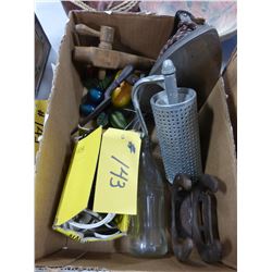 BOX WITH IRON, DOOR KNOCKER, CHAULKWARE, COCA COLA BOTTLE, ETC