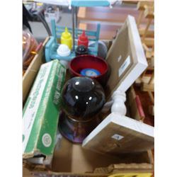 BOX WITH SIGN, PICNIC TABLE CONDIMENT SET, ELECTRIC KNIFE, ETC