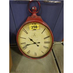 LARGE RED METAL FRAMED WALL CLOCK (APPROX. 38" H X 22" W)