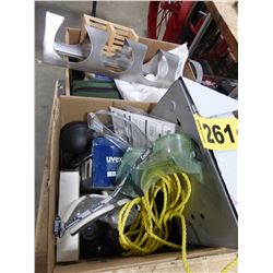 2 BOXES WITH TIMER, LINEN, SAFETY GLASSES, ETC