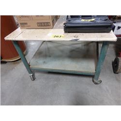 WORK TABLE ON HEAVY DUTY WHEELS (APPROX 42" X 36" X 30"H)