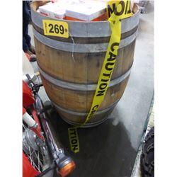 WOODEN BARREL ON WHEELS (APPROX 24" X 37"H)