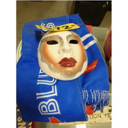 PORCELAIN MASK, 2 PLATES, BLUE JAYS SCARF, ETC