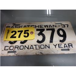 1937 SASKATCHEWAN CORONATION LICENSE PLATE