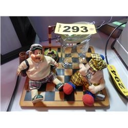 CHECKER BOARD, 2 PORCELAIN GOLF MEN & CANNISTER