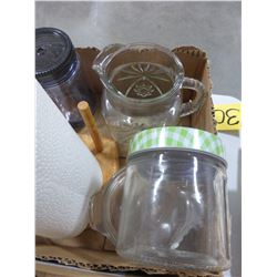 2 BOXES WITH PITCHER, OFFICE SUPPLIES, PLAYING CARDS, CREAM & SUGAR, ETC