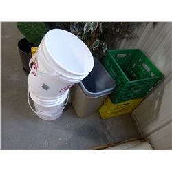 2 PAILS, 2 CRATES & 2 GARBAGE CAN