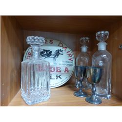 PEOPLES DAIRY METAL SIGN, 2 SILVER WINE GOBLETS & 3 DECANTERS