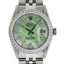 Rolex Mens Stainless Steel Green MOP Baguette Diamond & Emerald 36MM Datejust Wr