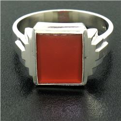Men's Antique 14k White Gold Rectangular Cut Carnelian Solitaire Ring Size 10.5