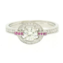 14k Solid White Gold 0.85 ctw Round Pave Set Diamond & Pink Sapphire Halo Ring