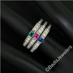 Set of 3 Stackable 18kt White Gold Emerald Ruby Sapphire and Diamond Band Rings