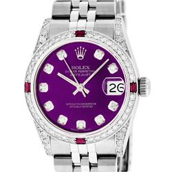 Rolex Mens Stainless Steel Diamond Lugs Purple Diamond & Ruby Datejust Wristwatc