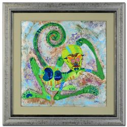 "Wood Monkey" Original Mixed Media Painting by Renowned Artist Lu Hong, Hand Signed by the Artist wi