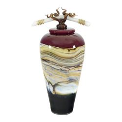 "Small Ruby Strata Covered Jar with Finial" Hand Blown Glass Sculpture, Hand Signed by GartnerBlade 