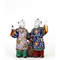 Old Japanese Kutani Twin Boy Play Drum Figurine #894247