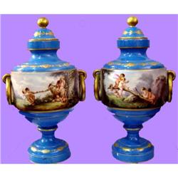 Pair of Old Paris Blue Lidded Vases, Puttis  #907041