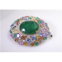 32ct Natural Emerald 18K White Gold Pendant / Brooch
