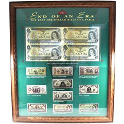 *The End of an Era - The Last One Dollar Bills of Canada Set in Wooden Frame Featuring an Uncut Bloc