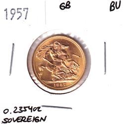 1957 Great Britain Sovereign Brilliant Uncirculated. Contains 0.2354oz Fine Gold.