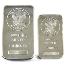 1oz & 5oz Sunshine Minting .999 Fine Silver Bars (lightly toned & lightly scratched). 2pcs (TAX Exem