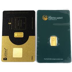 Perth Mint & Karatbars 1 Gram .9999 Fine Gold Bars in Hard Plastic Cards. 2pcs (TAX Exempt)