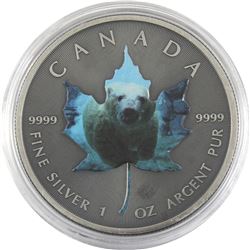 2015 Canada 1oz Antiqued & Coloured Polar Bear .9999 Fine Silver Maple Leaf (TAX Exempt).