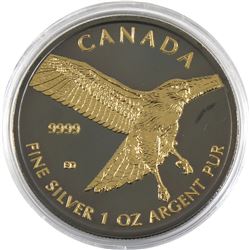 2015 Canada 1oz Ruthenium & Gold Plated Red-Tailed Hawk .9999 Fine Silver Coin (small toning mark). 