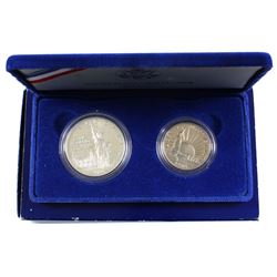 1986 USA Ellis Island Silver Dollar and Half Dollar 2-coin Proof Set (missing top lid & Silver Dolla