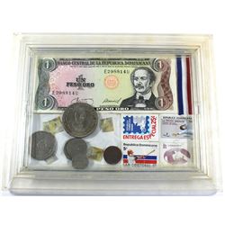 Dominican Republic Banknote, Coin and Stamp Set in Plastic Frame. You will receive a 1 Peso banknote