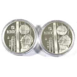 Mexico Mint Issue - 2x 1986 Mexico 100 Pesos Soccer World Cup Sterling Silver Coins in Capsules (cap