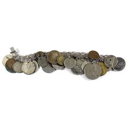 Sterling Silver Bracelet Containing 25 Coins from Around the World Including a Silver 1967 Canada 10