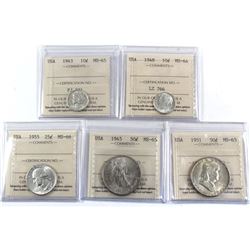 1943-1955 USA 10-cent, 25-cent & 50-cent ICCS Certified - 1943 10-cent MS-65, 1948 10-cent MS-64, 19