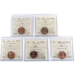 1930-1959 USA 1-cent ICCS Certified MS-65 Red - 1930, 1935, 1937, 1938 & 1959D. 5pcs