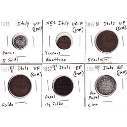 1815-1867 Italy Coinage VG-F to Extra Fine. Coins contain various impairments. 6pcs