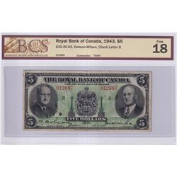 1943 $5 630-20-02, Royal Bank of Canada, Dobson-Wilson, Check Letter B, S/N: 012687, BCS Certified F