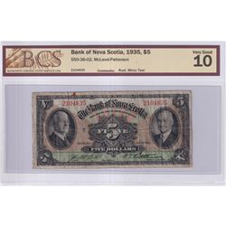 1935 $5 550-36-02, Bank of Nova Scotia, S/N: 2104635, BCS Certified VG-10 (small rust spots & minor 