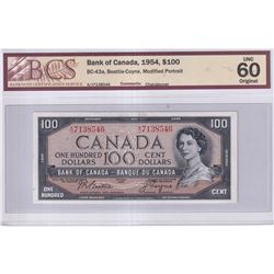 1954 $100 BC-43a, Bank of Canada, Beattie-Coyne, Modified Portrait, Changeover, S/N: A/J7138546, BCS