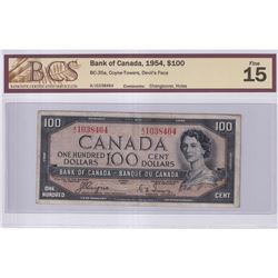 1954 $100 BC-35a, Bank of Canada, Devil's Face, Coyne-Towers, Changeover, S/N: A/J1038464, BCS Certi