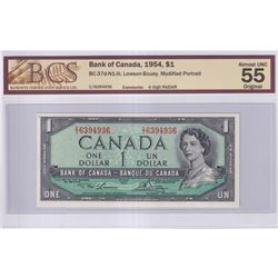 1954 $1 BC-37d-N1-iii, Bank of Canada, Lawson-Bouey, Modified Portrait, 4 Digit RADAR Serial Number 