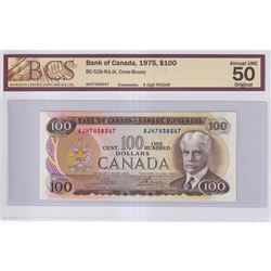 1975 $100 BC-52b-N1-iii, Bank of Canada, Crow-Bouey, 4 Digit RADAR Serial Number AJH7458547, BCS Cer