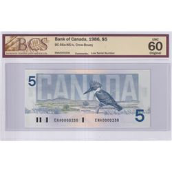 1986 $5 BC-56a-N5-iv, Bank of Canada, Crow-Bouey, Low Serial Number ENA0000230, BCS Certified UNC-60