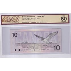1989 $10 BC-57a-N5-iv, Bank of Canada, Thiessen-Crow, Low Serial Number ADA0000230, BCS Certified UN
