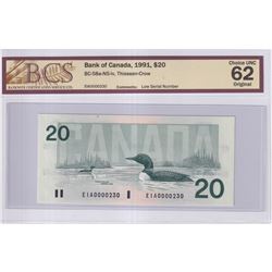 1991 $20 BC-58a-N5-iv, Bank of Canada, Thiessen-Crow, Low Serial Number EIA0000230, BCS Certified CU