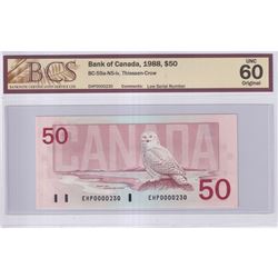 1988 $50 BC-59a-N5-iv, Bank of Canada, Thiessen-Crow, Low Serial Number EHP0000230, BCS Certified UN