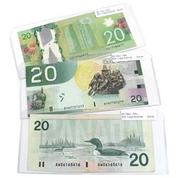 1991, 2004 & 2012 Bank of Canada $20 Banknotes with 3 Digit RADAR Serial Numbers - 1991 AW06165616, 